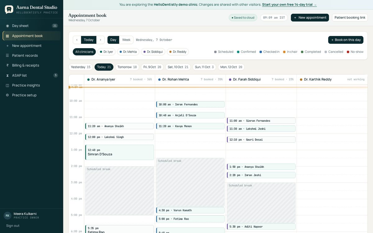 Calendar with dentist lanes and appointments